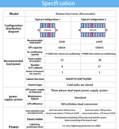 W-TEL Precision Air Conditioner 42U 47U Micro Data Center with Monitoring and Cooling Systems 12 Sockets 415V/400V/380V