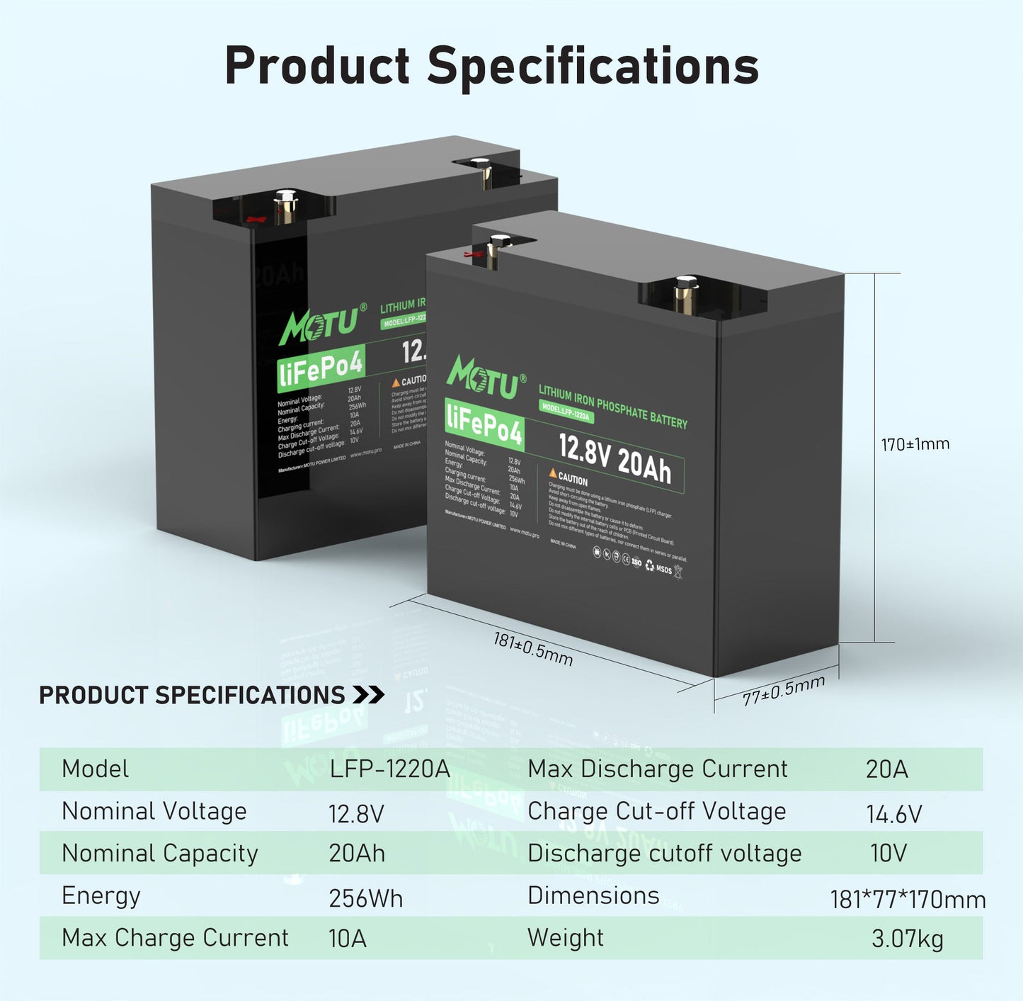 MOTU 12.8V LiFePO4 12V 20Ah 30Ah Lithium Iron Phosphate Battery
